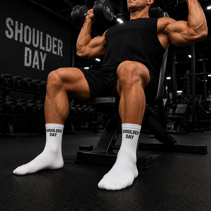Muscular man lifting weights with 'Shoulder Day' socks on in a gym setting