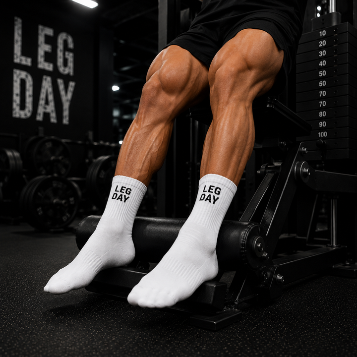 Person wearing 'Leg Day' socks on a gym machine with gym equipment in the background.